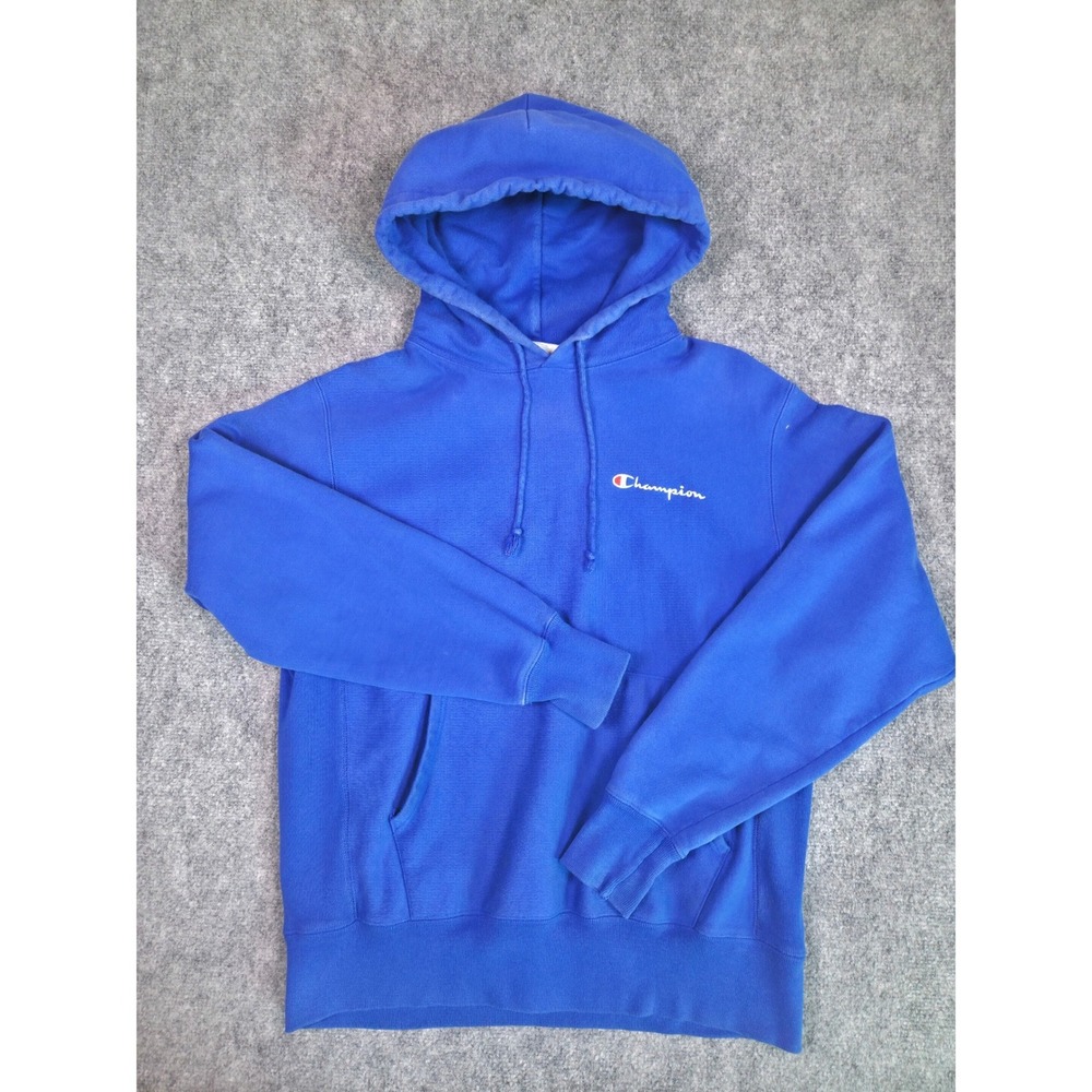 Champion Hoodie Mens Medium Blue Reverse Weave Script Logo Pullover Sweatshirt